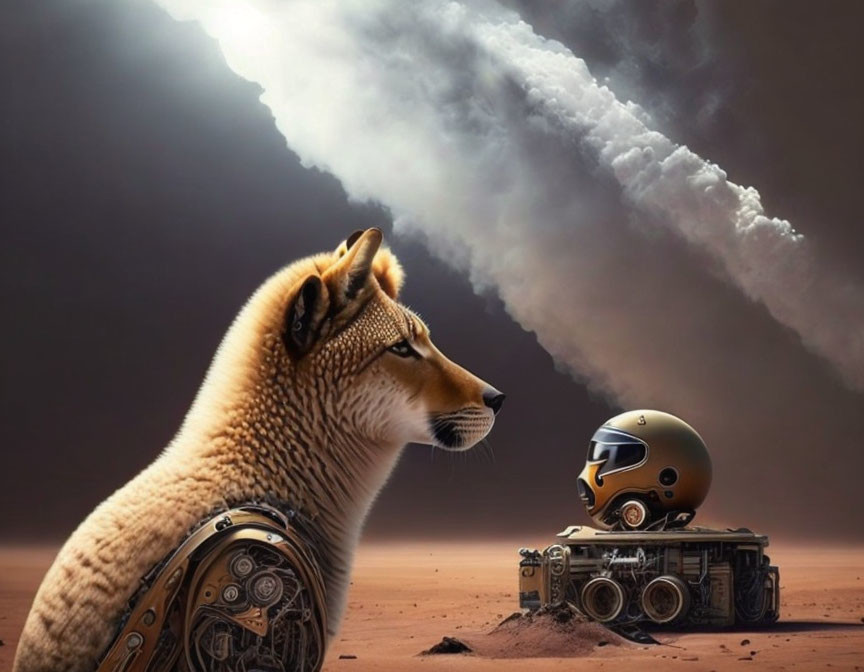 Mechanical dog with helmet watching comet on Martian landscape