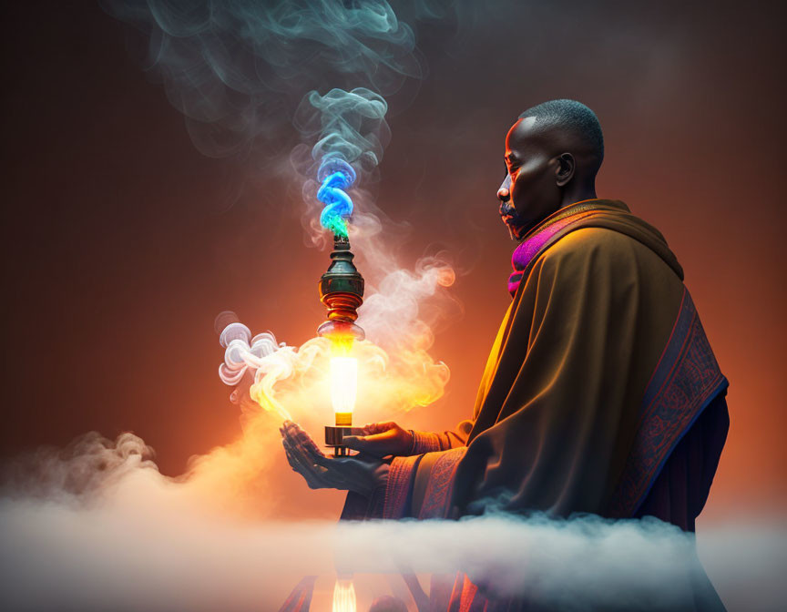 Serene individual in traditional attire holding a lit candle amidst colorful smoke and mystical fog.