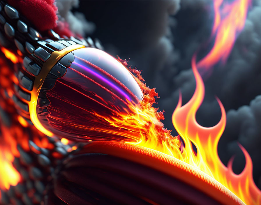 Metallic Sphere Engulfed in Flames on Dark Red Background