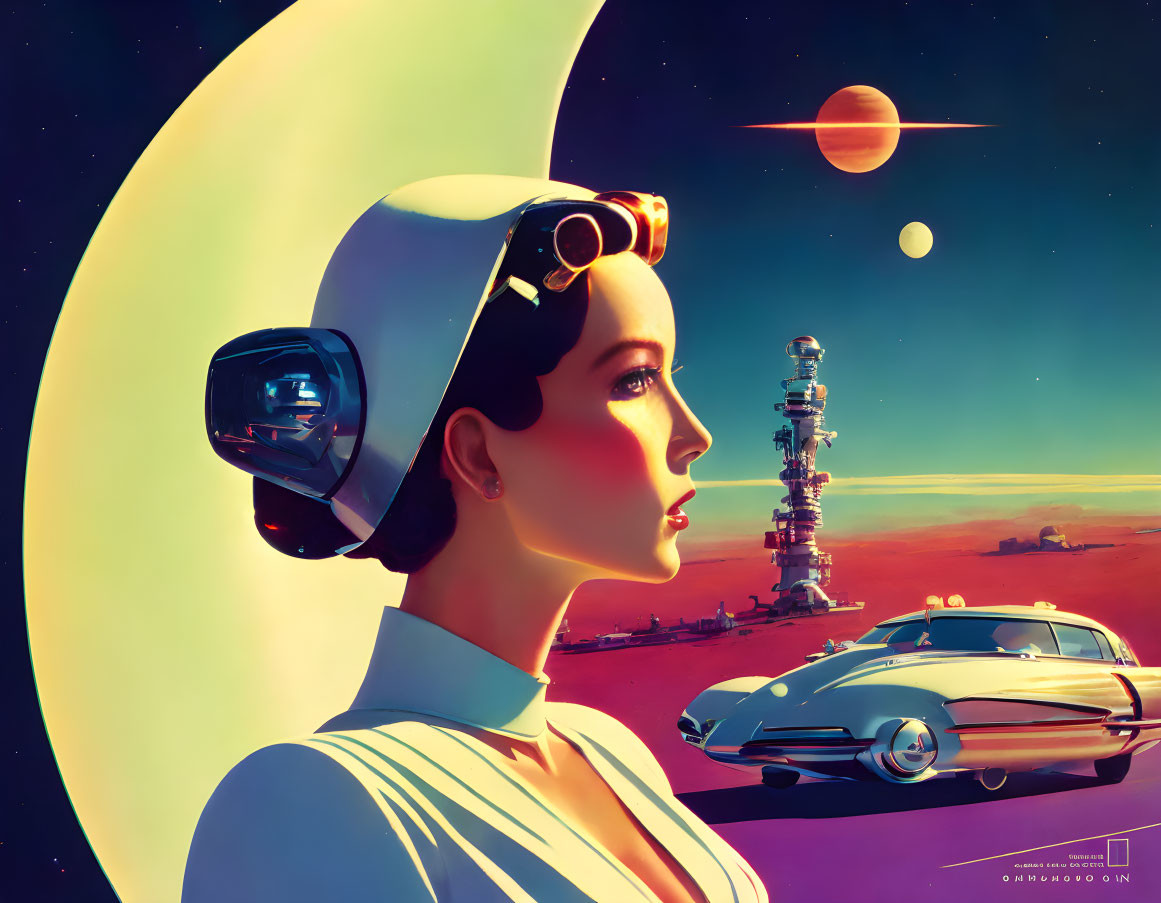 Retro-futuristic woman with helmet observing space scene