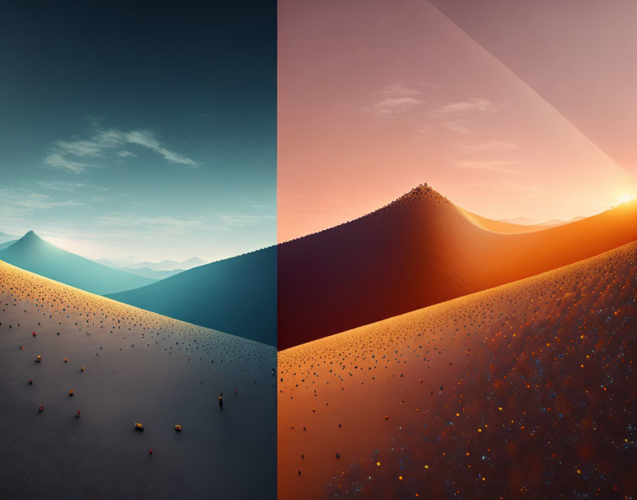 Split-composition image: cool-toned desert at dusk vs. warm-toned desert with sun