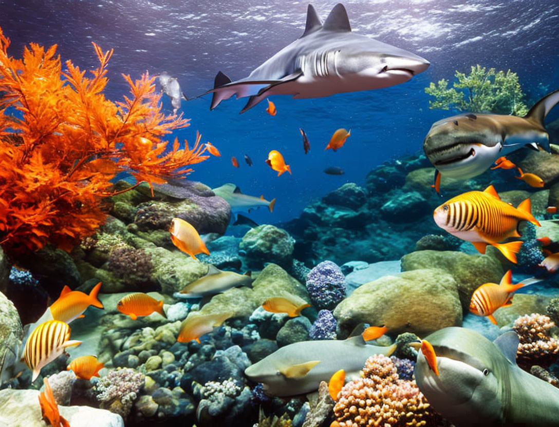 Colorful underwater scene with sharks, diverse fish, and vibrant coral reefs.