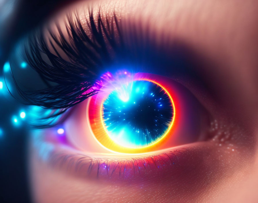 Vibrant multicolored lights reflect on human eye iris