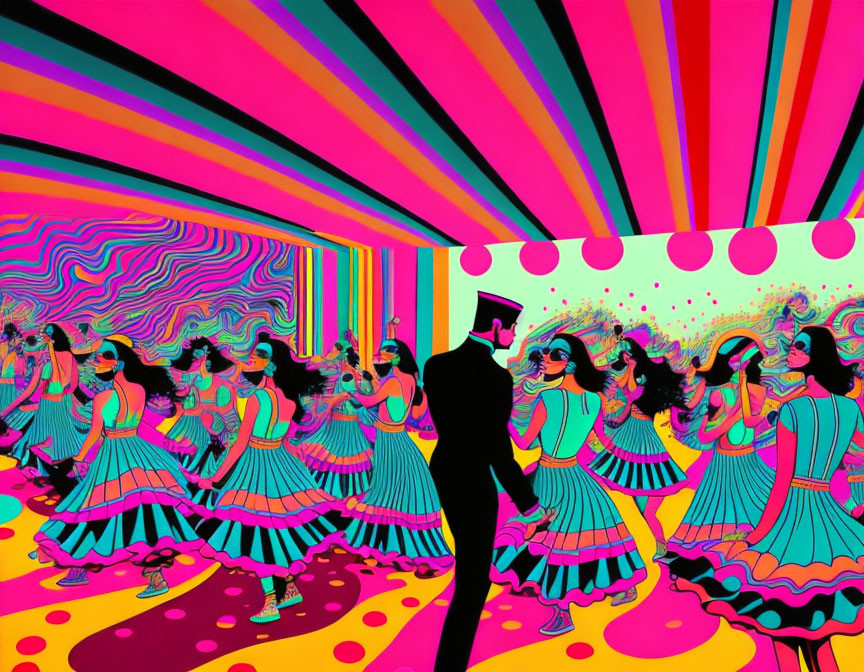 Silhouette of man in top hat amidst vibrant, psychedelic patterns and dancing women.