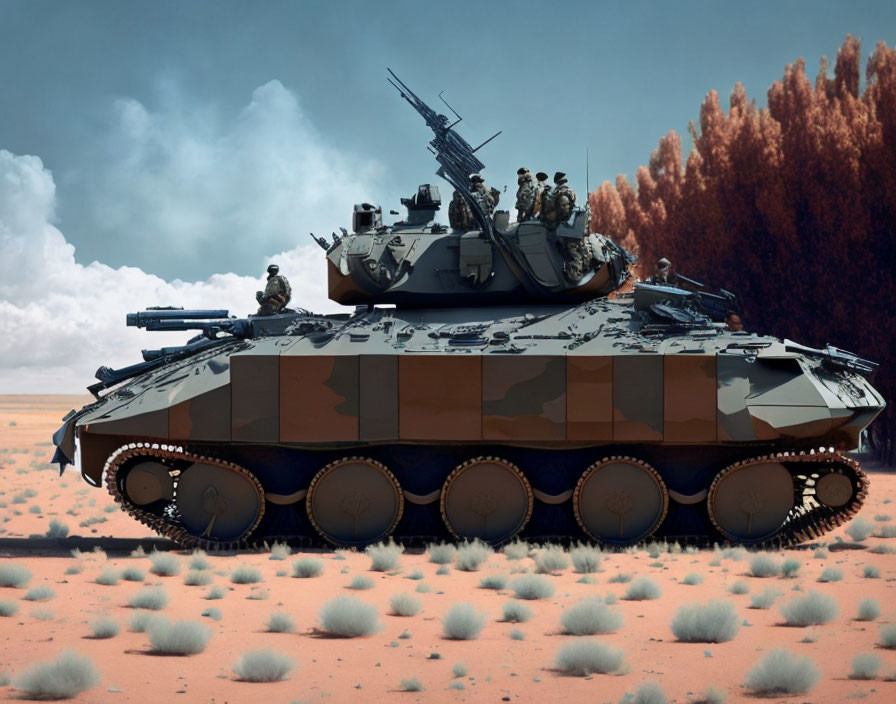 Camouflaged tank with crew in desolate landscape under cloudy sky