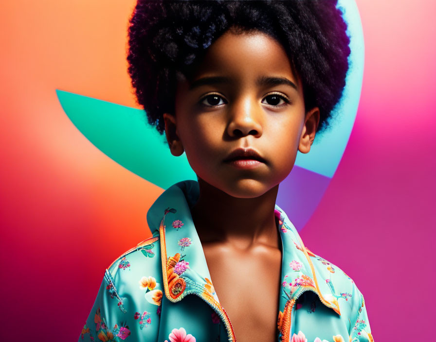 Child with Afro Hairstyle in Floral Shirt on Color-Blocked Background