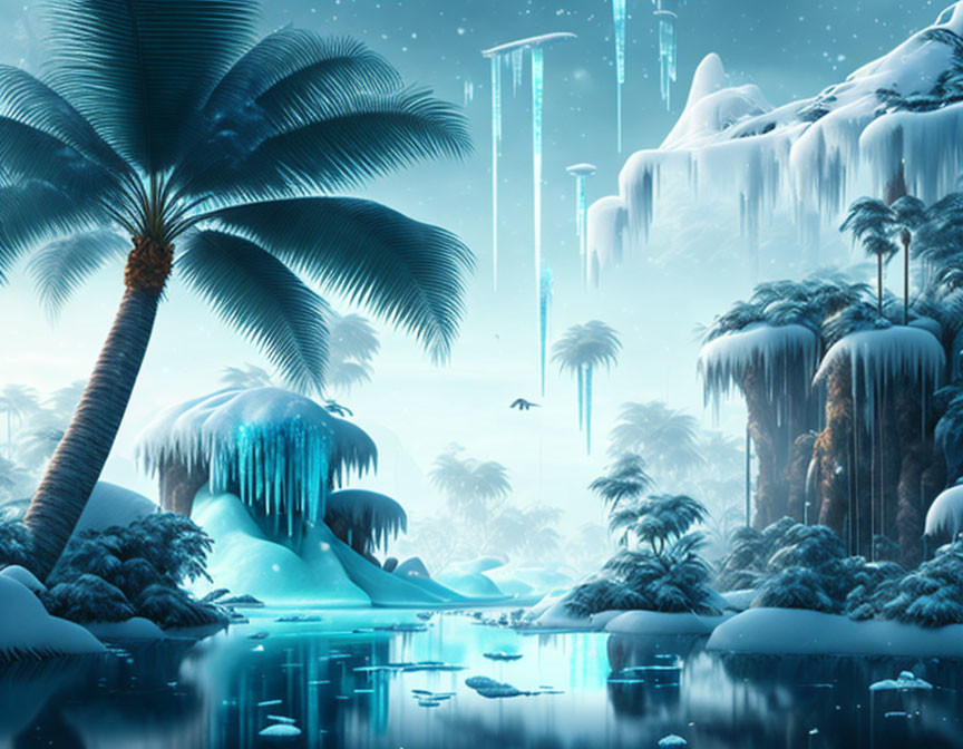 Surreal landscape with tropical palms, snow, waterfalls, and river