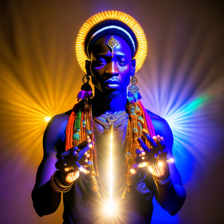 Glowing accessories on person with colorful futuristic tribal vibes