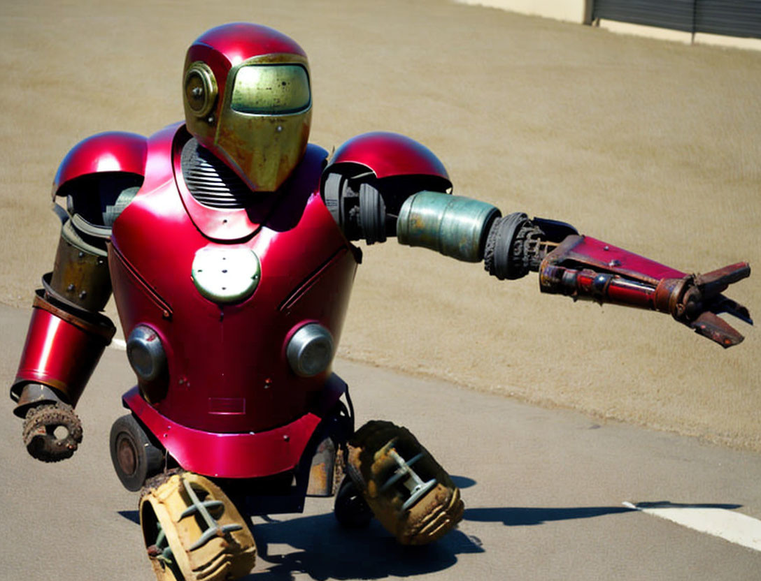 Red and Gold Iron Man Suit with Weathered Helmet Walking on Sunny Day