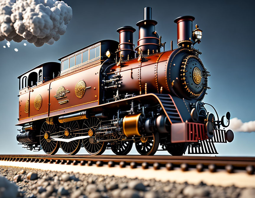 Vintage Steam Locomotive with Intricate Details on Tracks Emitting White Smoke