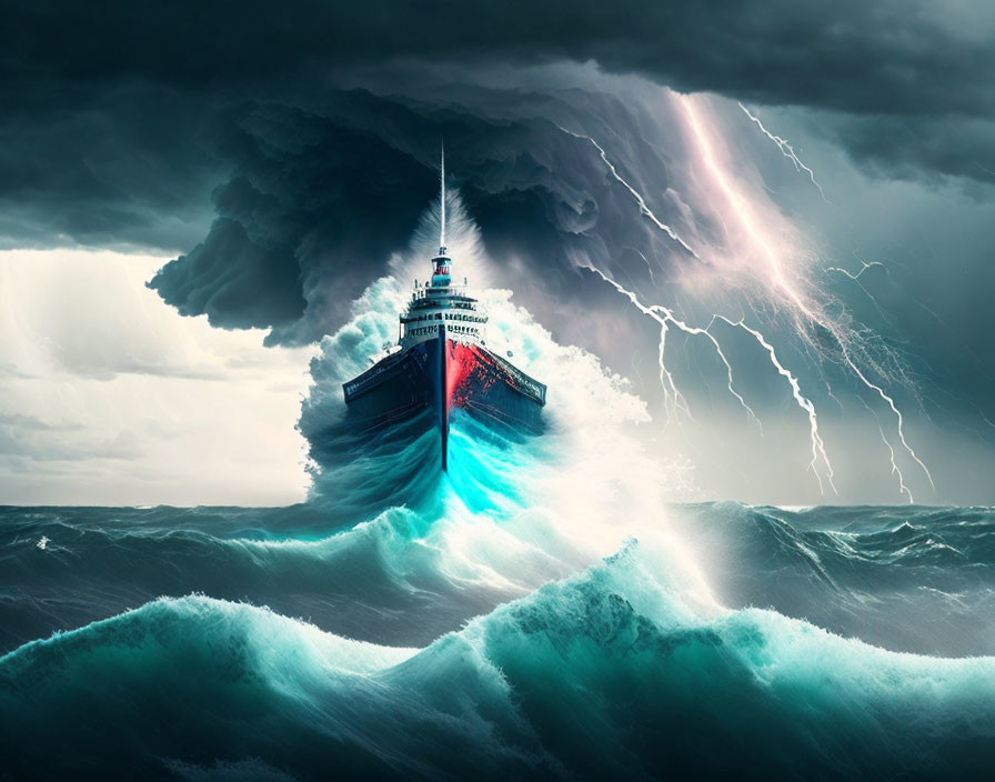 Stormy Sea Scene: Ship Confronts Massive Waves & Lightning