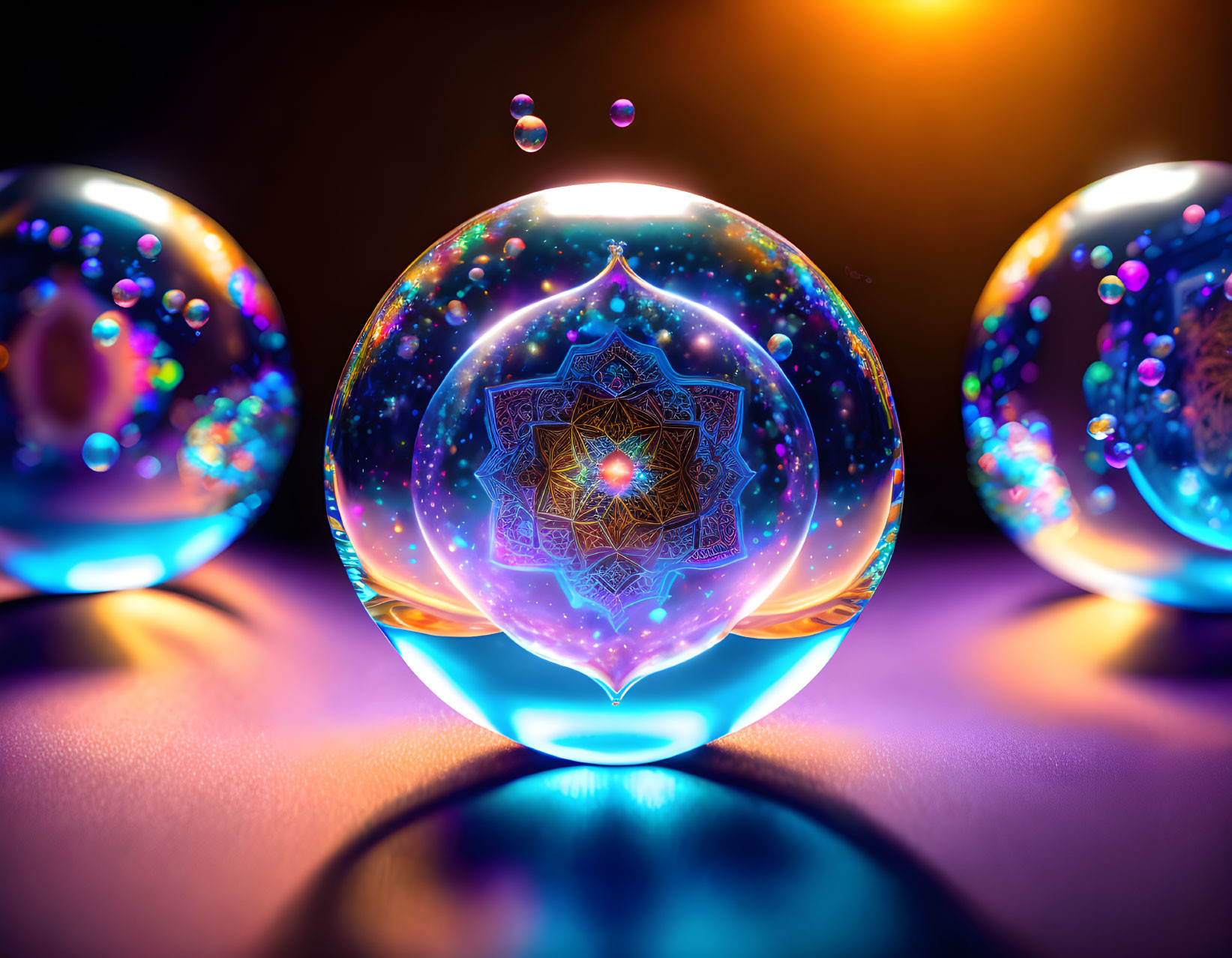 Three vibrant glowing orbs with intricate patterns on reflective surface against dark background.