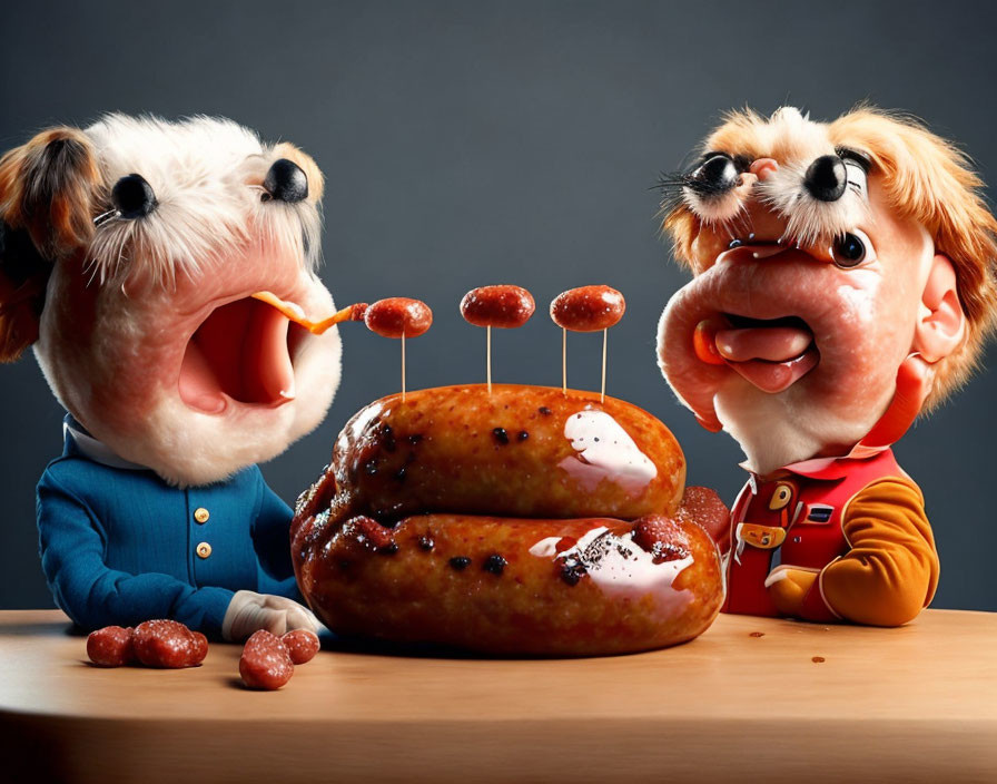 Caricatured figures with oversized heads eating sausages at a table