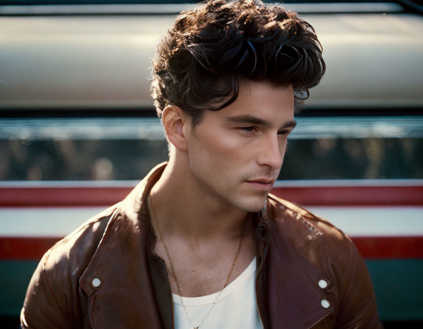 Man with thick, wavy hair in leather jacket poses with vintage bus backdrop