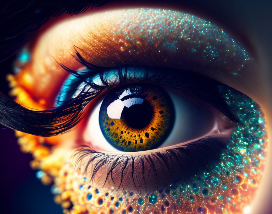 Highly stylized human eye with vibrant colors and glittery makeup