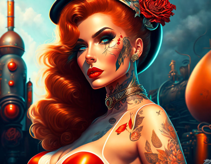 Digital Art: Woman with Red Hair, Tattoos, Retro-Futuristic Attire in Industrial Setting