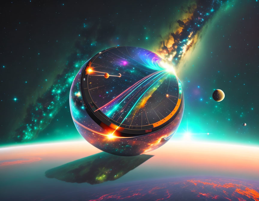 Futuristic spherical spaceship in vibrant cosmic scenery