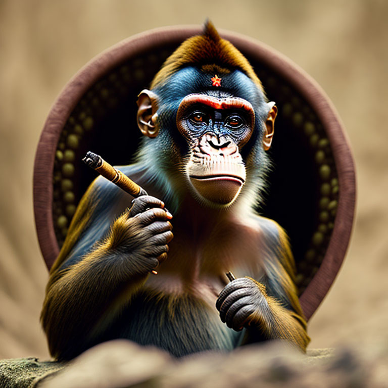 Stylized mandrill with cigar in hand on circular patterned background