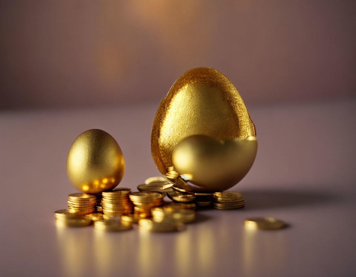 Golden Eggs and Gold Coins on Reflective Surface with Pink Background