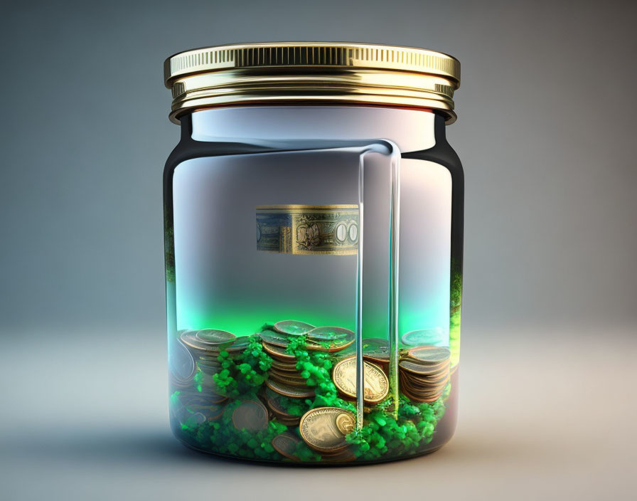 Glass jar with coins and $100 bill - symbol of saving wealth.