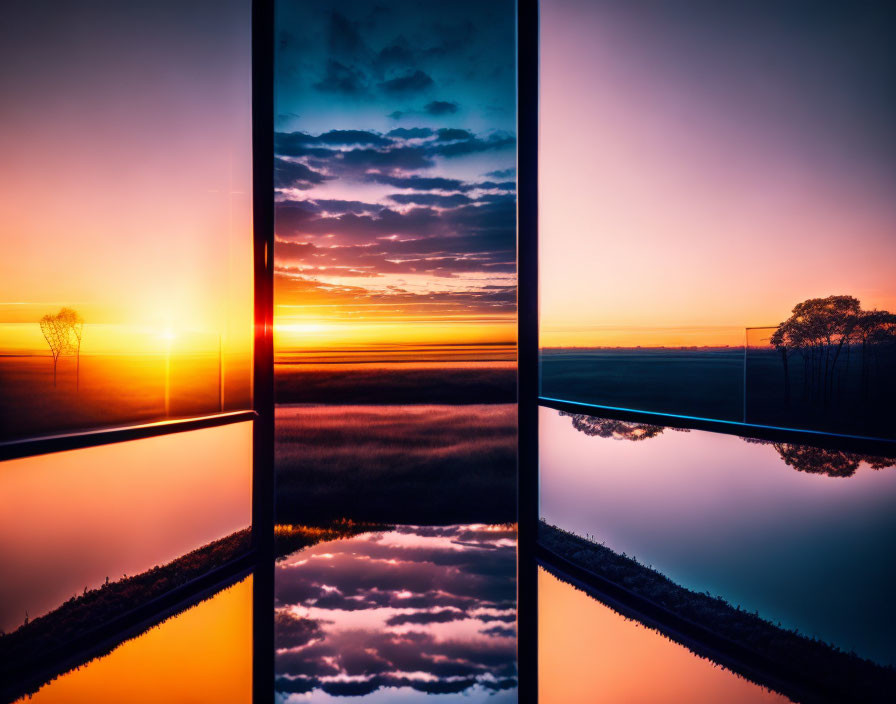 Symmetric view of vibrant sunset reflecting on glossy surface