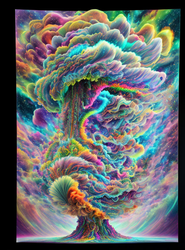 Colorful Psychedelic Tree Art Against Cosmic Background