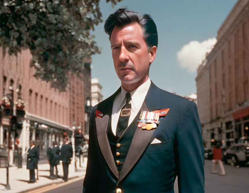 Decorated military man walking in city street with trees and buildings.