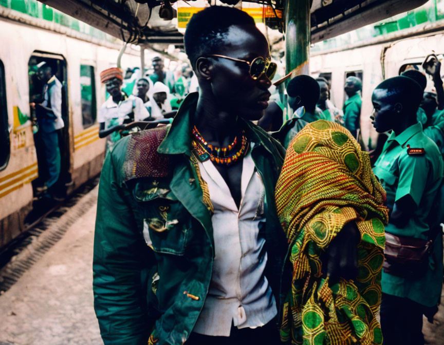 Fashionable person in sunglasses and green jacket with blurred train and crowd background