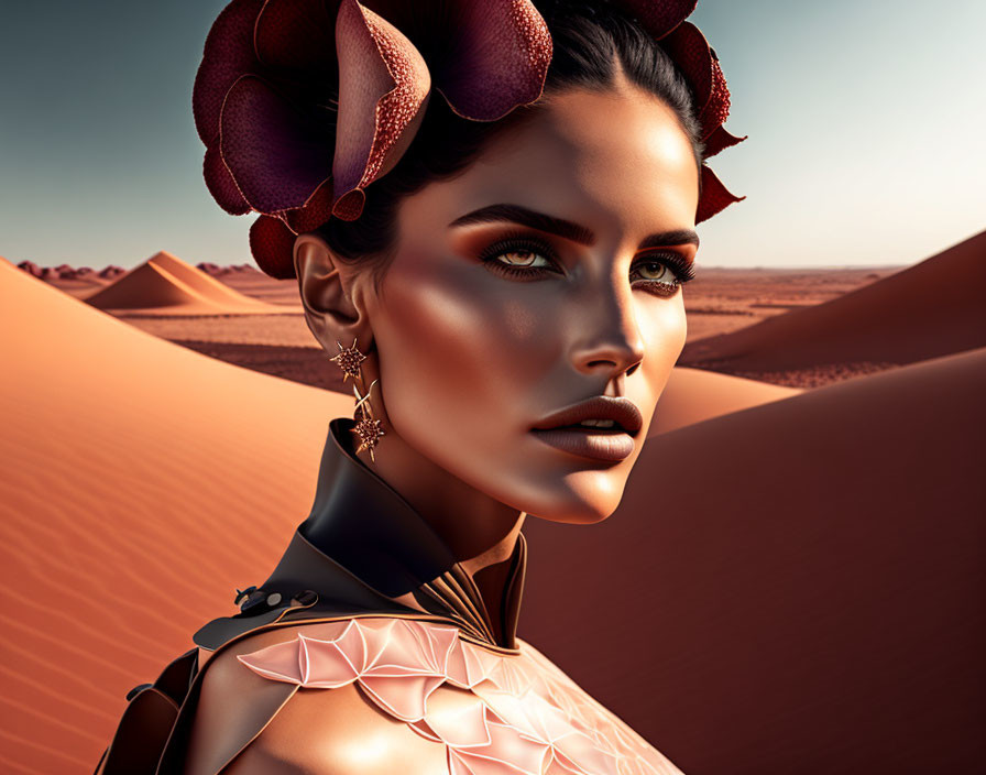 Digital Art: Woman with Avant-Garde Hair Accessory in Desert Landscape