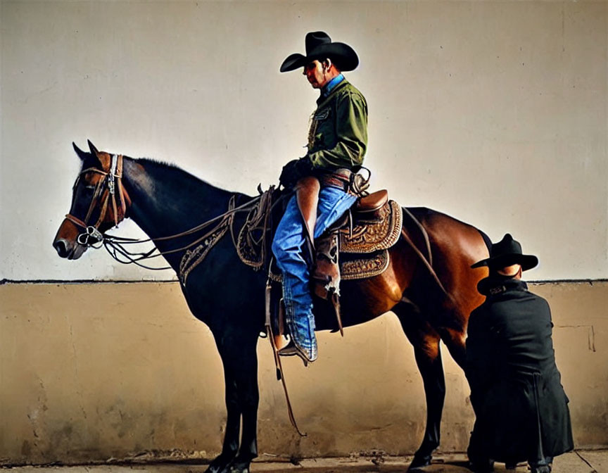 Cowboy hat man on horse with another by plain wall