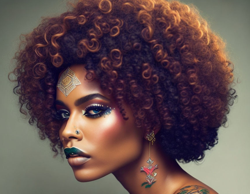 Curly Auburn-Haired Woman with Striking Makeup and Piercings