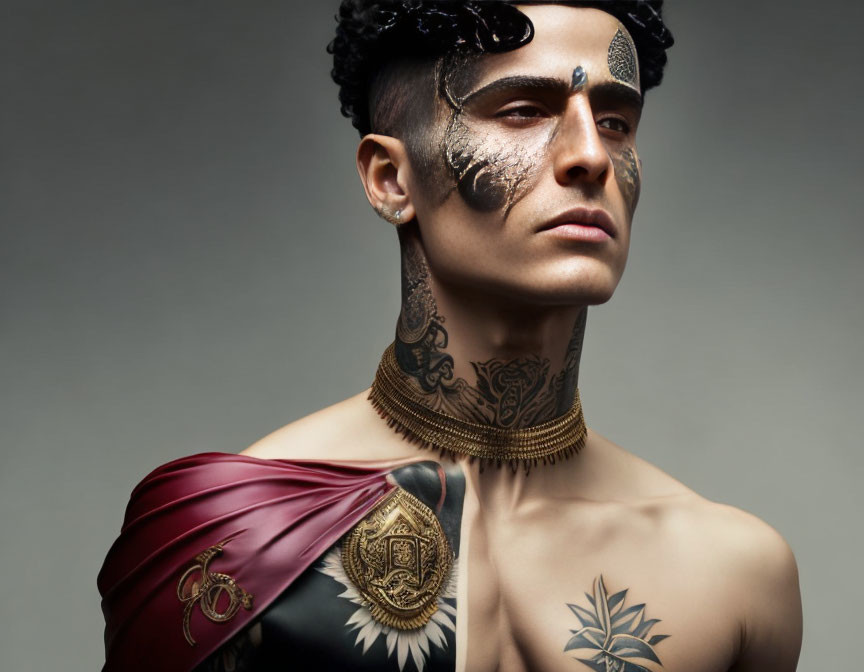 Artistic makeup and tattoos on person posing with red and gold draped fabric