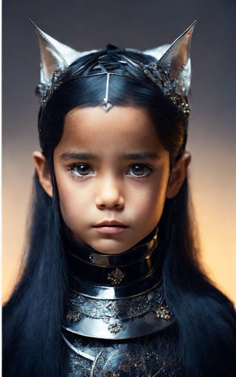 Dark-haired girl in fantasy armor with cat-like ears and intense eyes