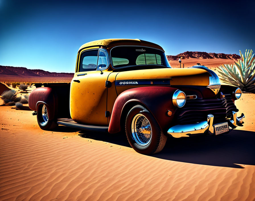 Vintage Pickup Truck in Desert Landscape with Vibrant Colors