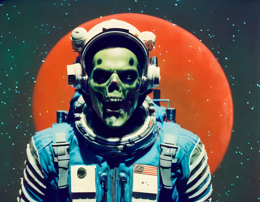 Person in spacesuit with skull face paint against starry space backdrop with red planet.