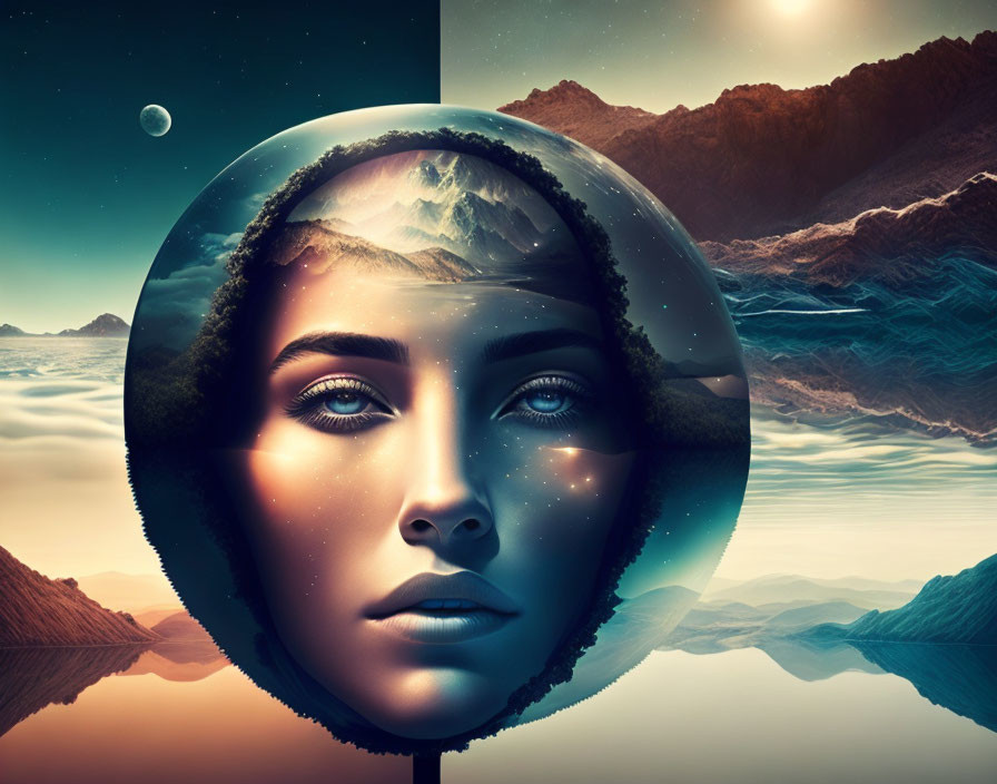 Surreal digital artwork: woman's cosmic face, stars, desert, water.