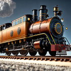 Vintage Steam Locomotive with Intricate Details on Tracks Emitting White Smoke