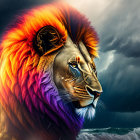 Digitally altered lion image with rainbow mane on stormy sky background