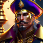 Regal animated character with mustache in gold-trimmed uniform