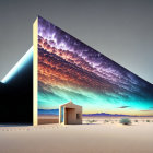Tent under starry sky by galaxy wall with desert landscape