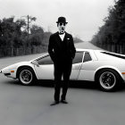 Vintage sports car with person in Charlie Chaplin's "The Tramp" costume.