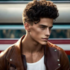 Man with thick, wavy hair in leather jacket poses with vintage bus backdrop