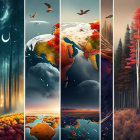 Nature scenes with crescent moon and landscapes transitioning from day to night