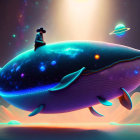 Cowboy riding cosmic whale under starry sky & sun.