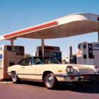 Vintage yellow car at retro gas station with red canopy