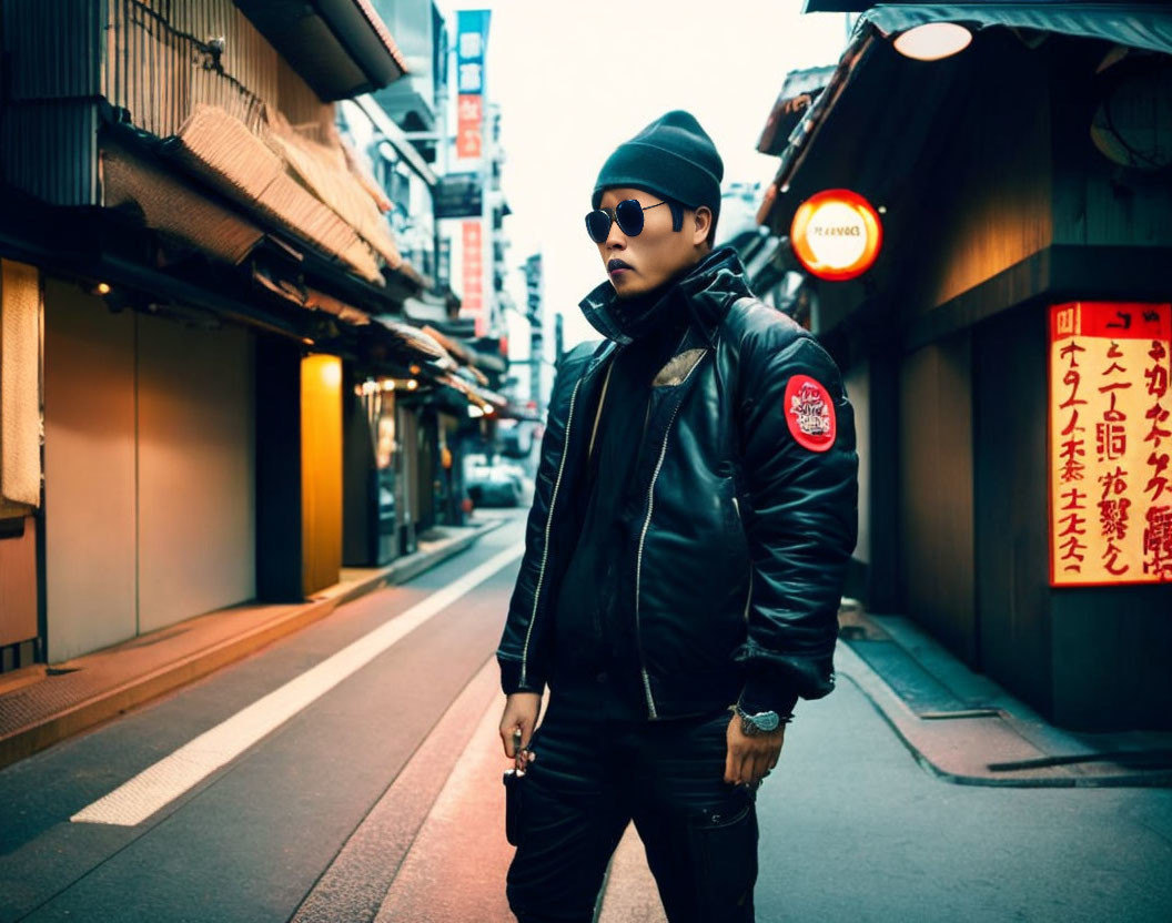 Stylish person in black leather jacket and beanie in neon-lit alley