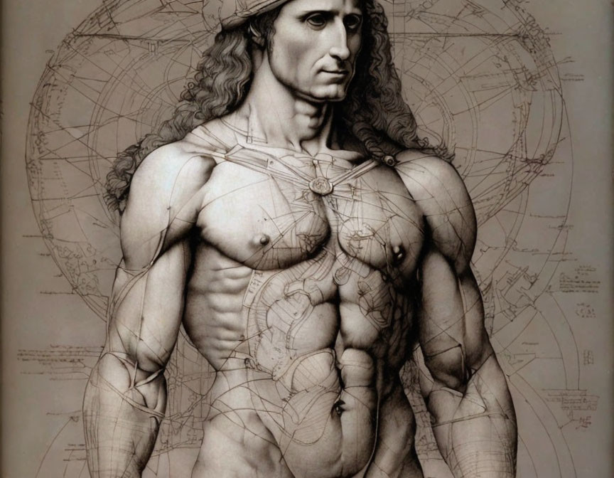 Monochromatic Renaissance-style illustration of muscular male figure with modern anatomical elements.