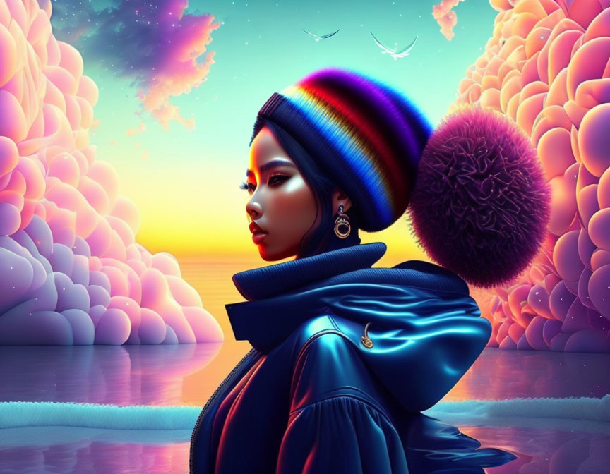 Colorful digital artwork: woman in headwrap gazes at surreal sunset