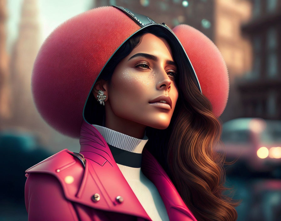 Woman with wavy hair in pink hat, coat, and city backdrop portrait.