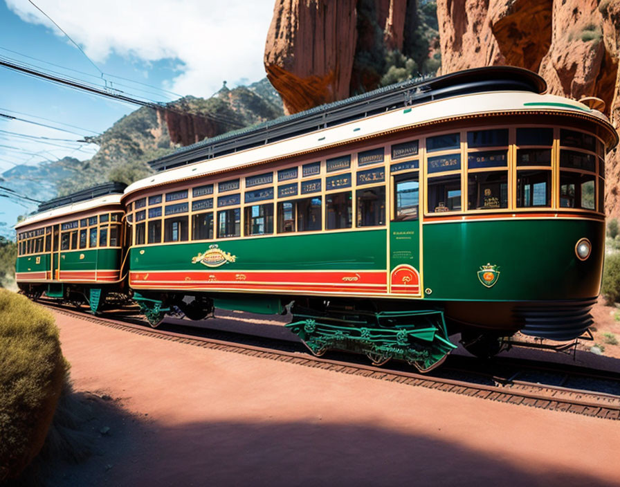 Vintage Green Tram in Rocky Desert Landscape